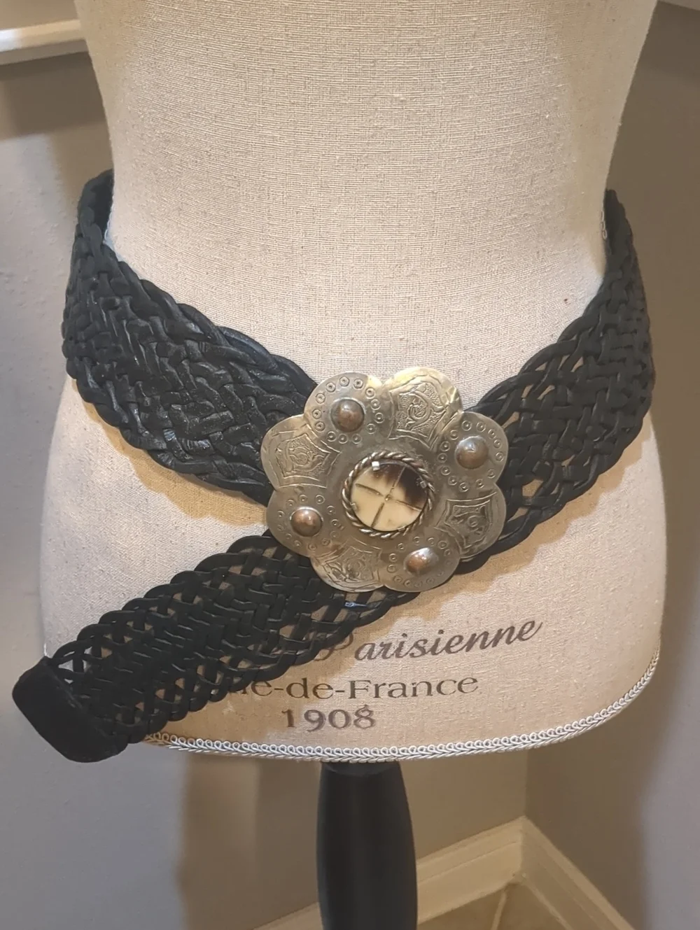 Vintage Moroccan Black Braided Leather Belt with Brass Floral Medallion